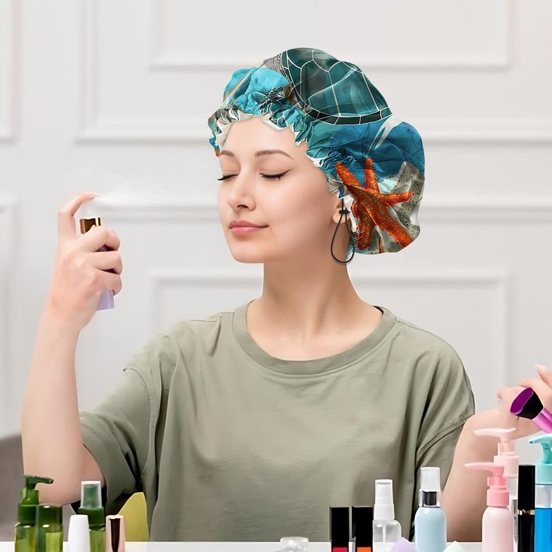 Cabreche Luxury Shower Cap Satin Silk Lined Adjustable Elastic Reusable Waterproof Shower Bath Cap Cute for Women Girls-Sea Turtle
