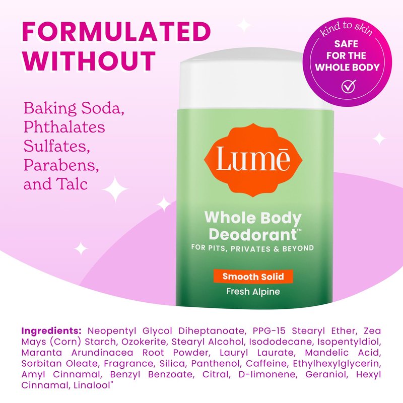 Lume Whole Body Deodorant - Smooth Solid Stick - 72 Hour Odor Control - Aluminum Free, Baking Soda Free and Skin Loving - 2.6 Ounce (Pack of 3) (Fresh Alpine)