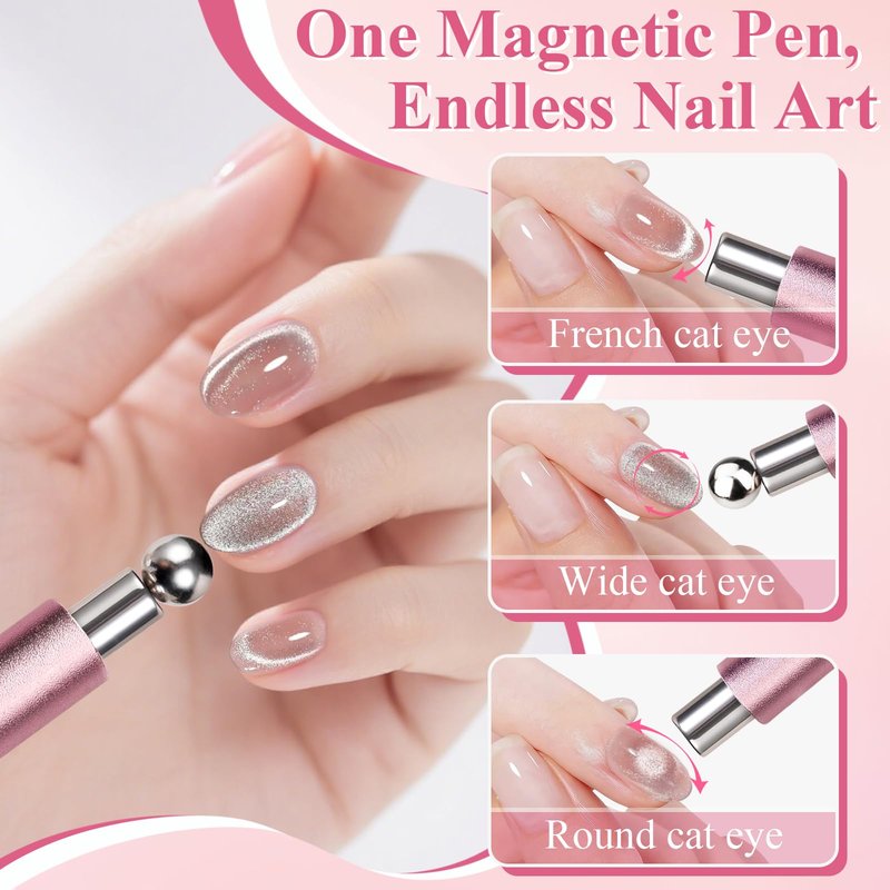 FOWSRHRG 3 in 1 Cat Eye Nail Magnet Set, Magnet Nail Art Pens with Steel Ball Round Beads and Guides, Multi-Effect Cat Eye Gel Nail Polish Magnets for Nail Art DIY Salon Manicure Design (Pink)