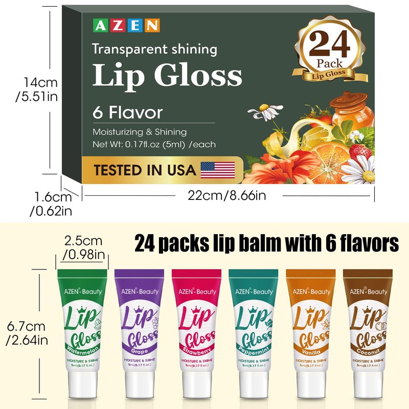 AZEN 24 Pack Lip Gloss Set, Clear Lip Gloss Bulk, Lip Oil for Dry Cracked Lips Moisturizing Hydrating Nourishing with Vitamin E, Mothers Day Gifts for Women