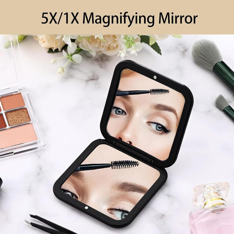 CYHTSHFZ Small Compact Mirror for Purse,5X/1X Travel Magnifying Mirror for Women, Makeup Mirror for Girls, Portable Ultra Slim Pocket Mirror（Black）