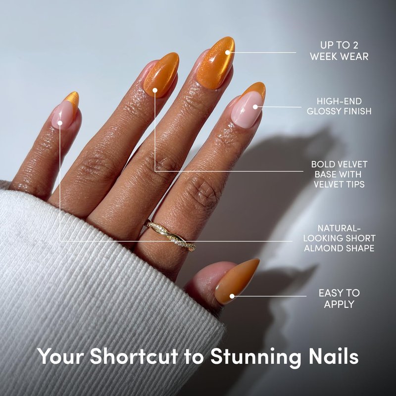 Glamnetic Press On Nails - Orange Short Almond Fake Nails with French Tips, Velvet Finish | Salon Quality Summer Nails | Orange Pop | 15 Sizes - 30 Nail Kit with Glue