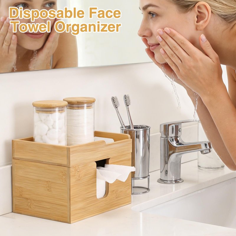InnJoey Bamboo Face Towel Holder with 120 XL Towels - Open-Top Skincare Organizer for Facial Cleansing Wipes & Beauty Essentials - Bathroom Countertop Vanity Organizer