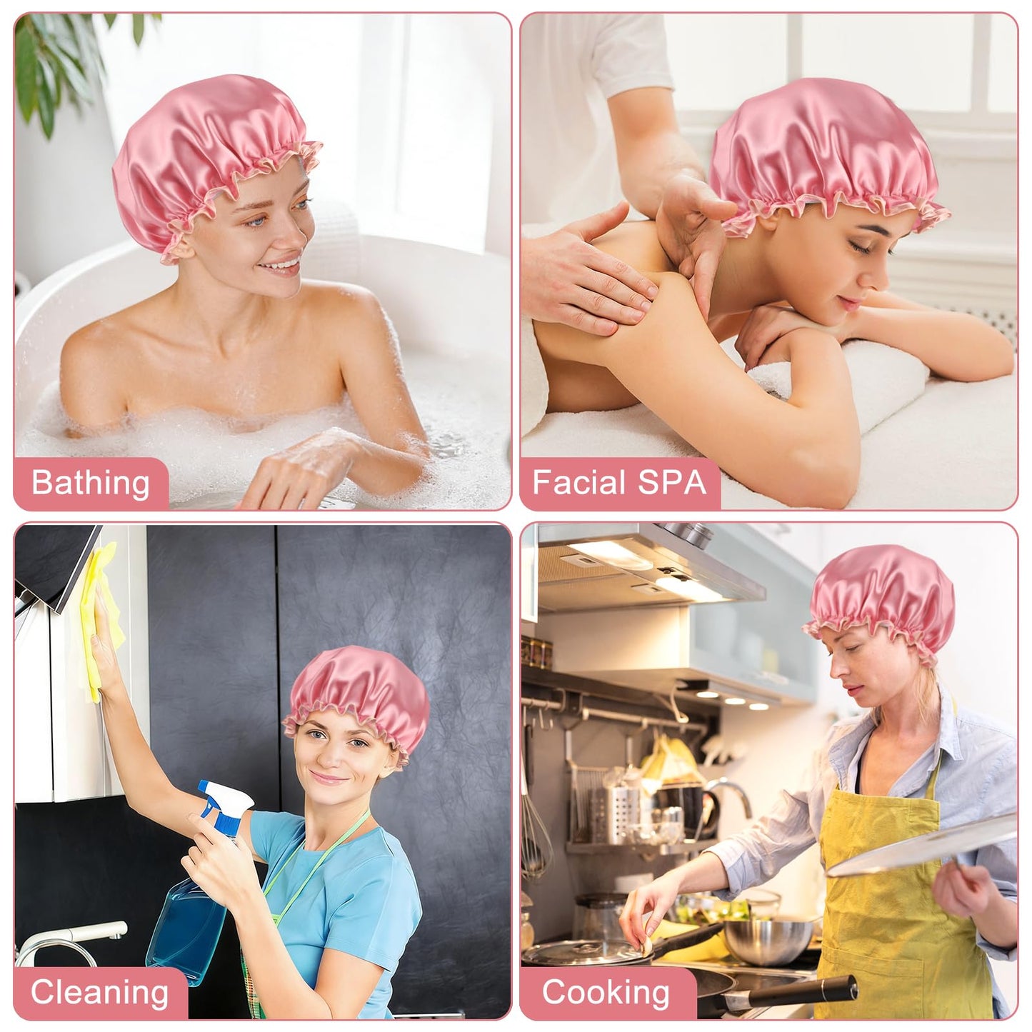 Waterproof Shower Caps for Women, Solid Color Dual-Layer Elastic Band Design Bath Hair Hat, Protects Hair In Shower, Spa, Cooking, Clean & Travel (Deep Pink)