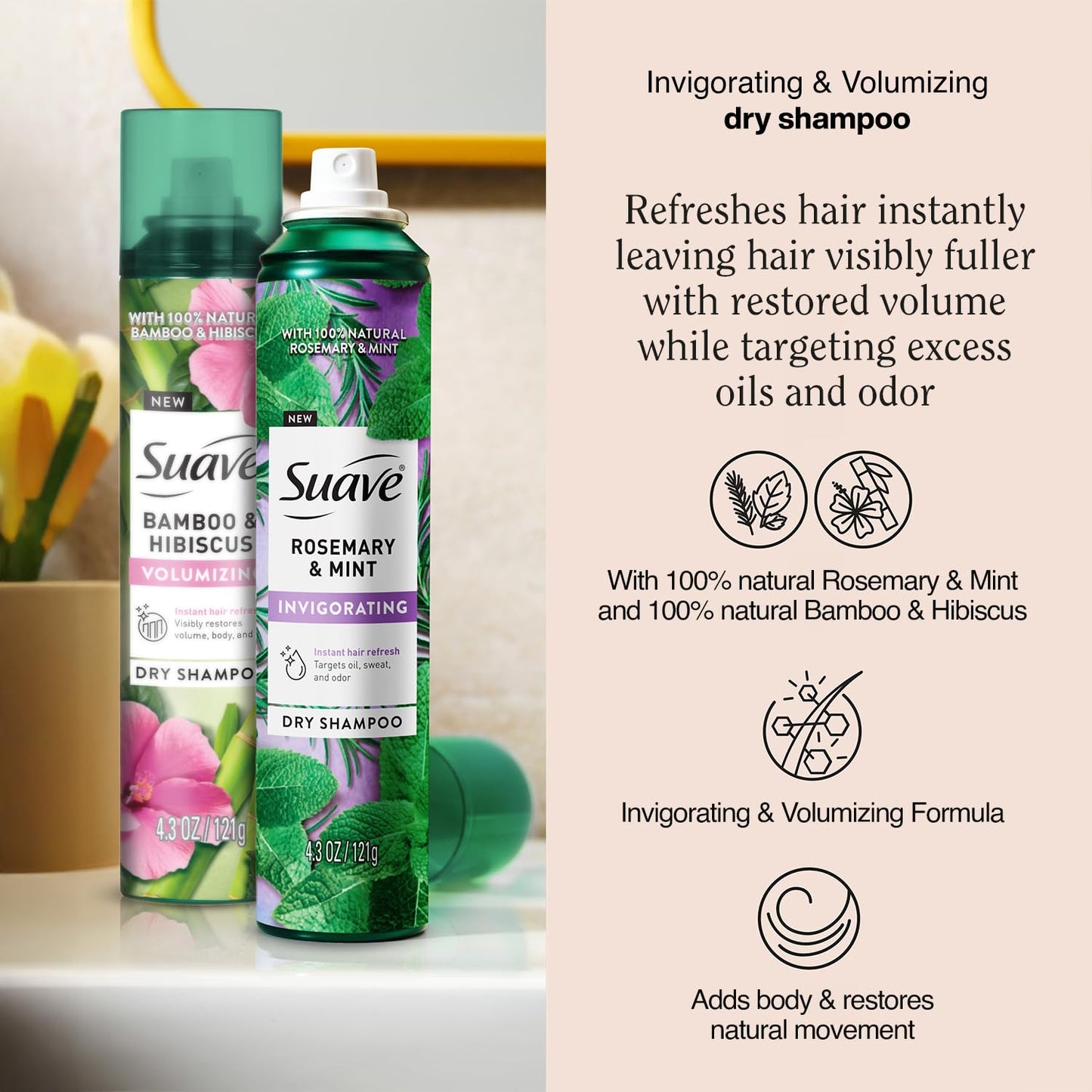 Suave Dry Shampoo Spray Variety Pack - Invigorating Rosemary & Mint + Volumizing Bamboo & Hibiscus | 4.3 Oz Each