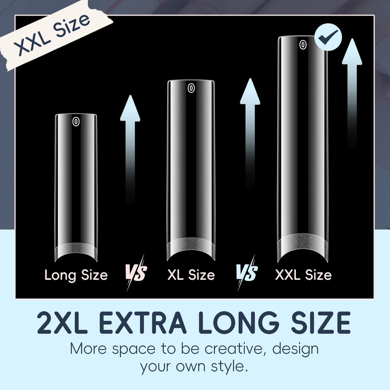 Luckyfairy XXL Nail Tips Square 120 Pcs 12 Sizes - No C Curve Flat Square Pre-buff 2XL Half Cover Tapered Gel Acrylic Nail Tips False Nails Gelly Tips for DIY Nail Art Salon