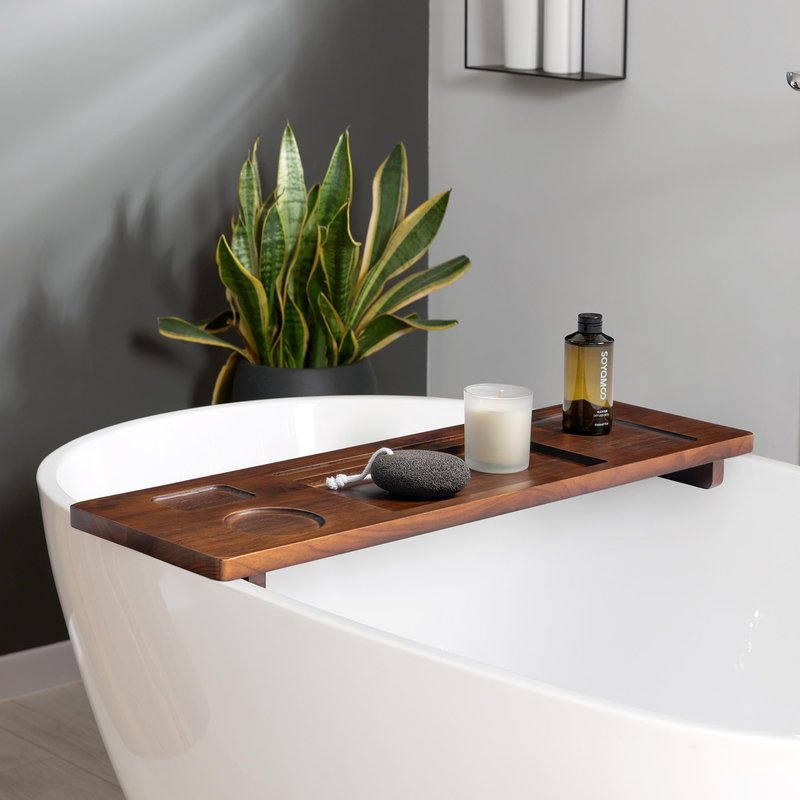 Realgulf Teak Bathtub Tray for Freestanding Tubs - 29" Heavy-Duty Luxury Bath Caddy, Non-Slip Zero-Wobble Design, Water-Resistant Spa Organizer with Wine Glass & Phone Holder