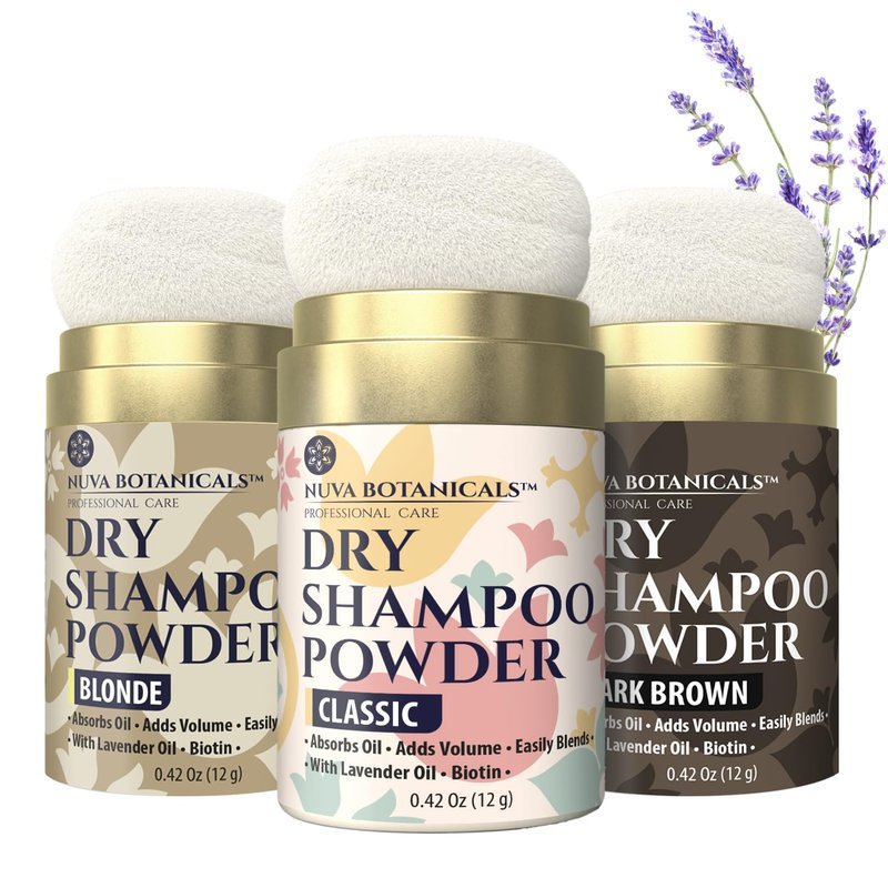 Nuva Botanicals Non Aerosol Dry Shampoo Powder with Biotin - Lavender Extract and Korean Ginseng - Volumizing Travel Dry Shampoo - Classic, Dark Brown and Blonde (0.42 oz, 3 Pack)