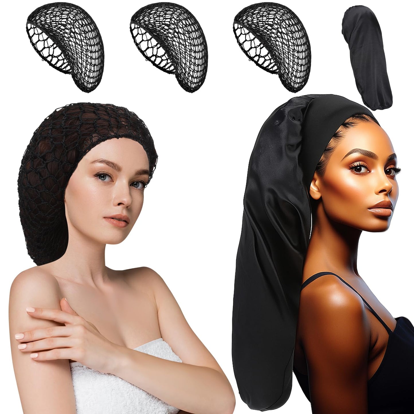 ZhouBoat Black Long Hair Bonnet with 3pcs Crochet Hair Nets Set Extra Long Wrap Cap Reusable Elastic Shower Cap for Braids Curly