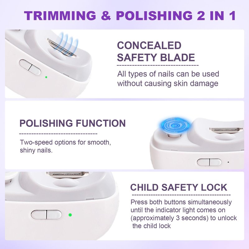 Electric Nail Clipper, 2 in 1 Electric Nail Clippers for Seniors and Adults, Baby Automatic Nail Clipper with Polishing, Light & Storage, Smart Nail Clipper 2-Speed for Fingernail (White)