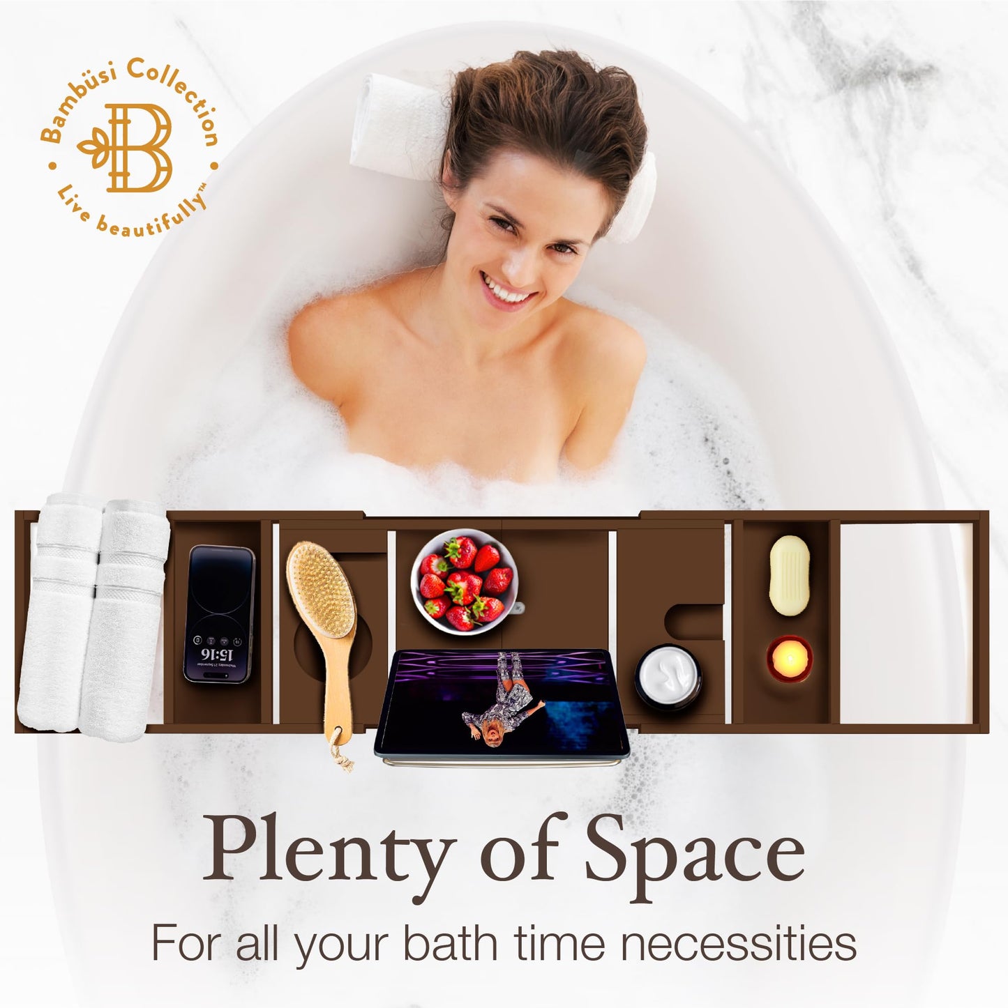 Bambüsi Bathtub Tray for Tub - Brown Bamboo Bath Tray, Expandable Wooden Bath Caddy Tray with Wine Holder, Book and Tablet Stand, Bathroom Accessories, Tub Table, Spa Bath Gifts for Women and Couples