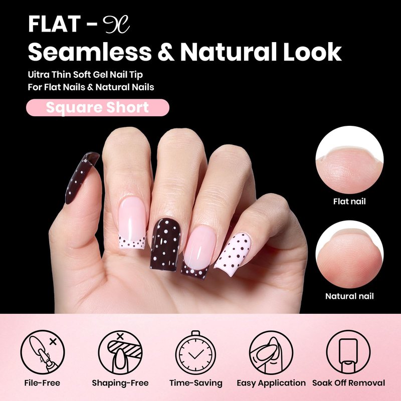 Beetles Gel Nail Kit Flat-X, Square Short, 320pcs 16 Sizes Nail tips, with 15g Nail Glue Gel Hands-Free, 7.5ml Base Gel & Top Coat, Mini Lamp, for Acrylic Press On Nail, Extension DIY Set at Home