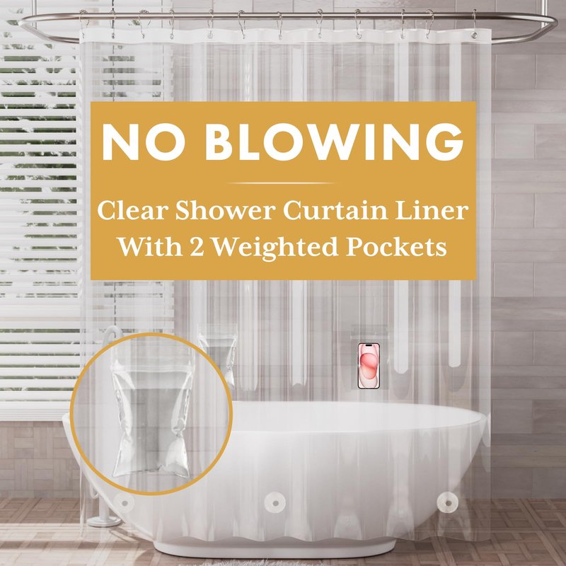 AmazerBath Shower Curtain Liner with 2 Weights Pockets, 72x72 Innovative No Blowing Clear Plastic Shower Liner with 2 DIY Weighted EVA Pockets & 3 Magnets, Waterproof Shower Curtain for Bathroom Stall