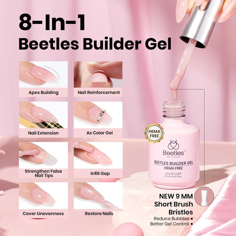 Beetles HEMA Free Builder Gel for Nails, 3 Pcs Glitter Pink Builder Nail Gel with Gel Top and Base Coat Set for Gel Polish Long Lasting Strengthening Safe Low-Sensitivity Formula Nail Gifts for Women