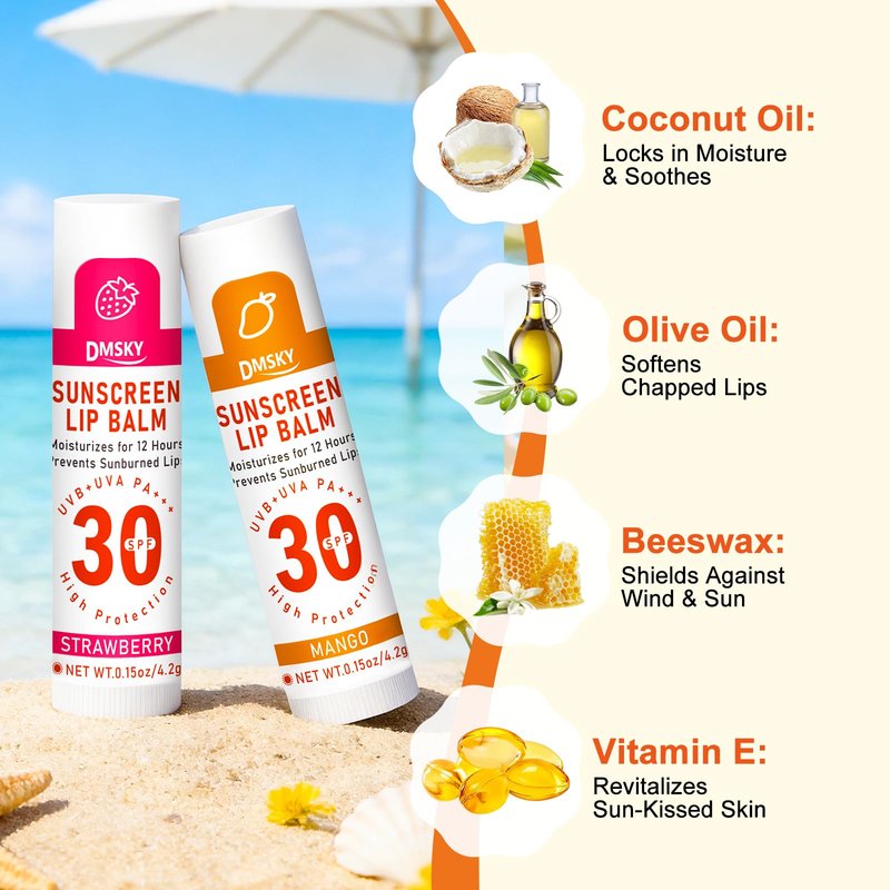 DMSKY SPF 30 Sunscreen Lip Balm 40 Pack, Broad Spectrum UVA/UVB Sun Protection Lip Care with Vitamin E and Beeswax, SPF Lip Balm Travel Size-10 Flavors