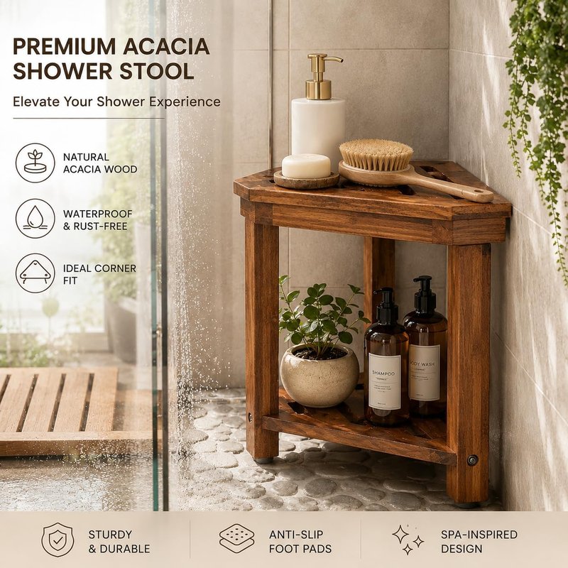 Acacia Wood Shower Stool - Waterproof Foot Rest with Storage Shelf | Ideal for Small Shower Spaces
