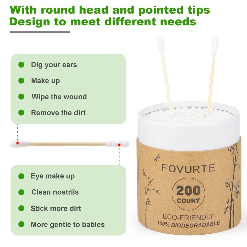Bamboo Cotton Swabs 400 Count - Spiral&Round Double Tips Cotton Swabs, Organic Wooden Cotton Buds for Ears, Natural Bamboo Ear Wax Removal Sticks for Cleaning, Makeup, Travel