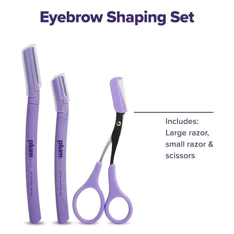 Plum Beauty Eyebrow Shaping Set – Complete 3-Piece Grooming Kit with 2 Folding Razors & Precision Trimming Scissors with Brush - Painless Brow Definition & Maintenance