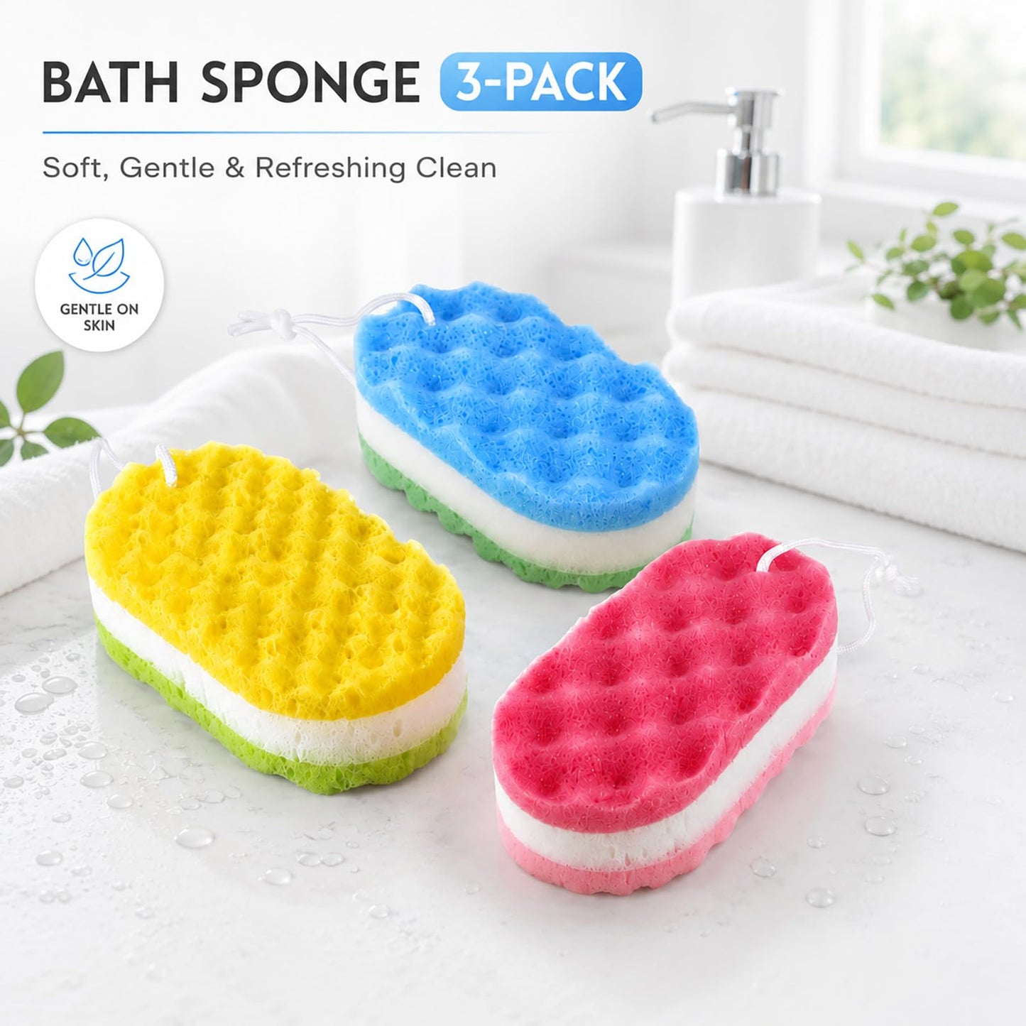 Soft Shower Sponge 3 Pack, Bath Sponge for Body, Gentle Exfoliating for Daily Cleansing