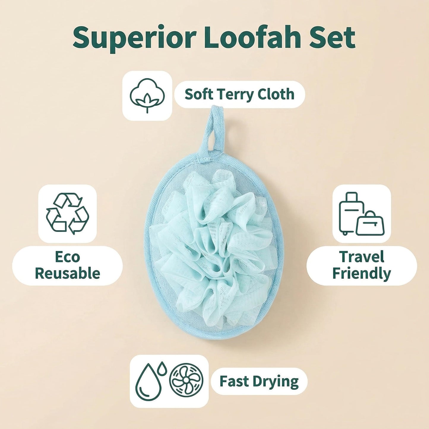 4 Pcs Larger Lightweight Travel Size Loofah with 4 Travel Storage Bags, Soft Terry Cloth Loofah Sponge for Body, Mini Shower Poufs for Travel, Gym, Camping & Sensitive Skin