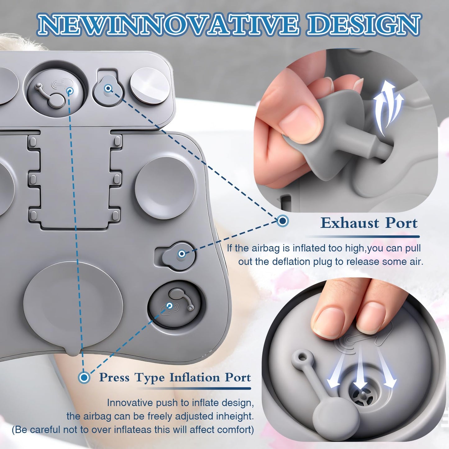 Upgraded Silicone Bath Pillow, 4D Press Inflatable Airbag and Non-Slip Large Suction Cups, Adjustable Head Neck and Back Support, Comfortable Luxury Bath Pillows for Tub, Bath Spa Accessories Gray