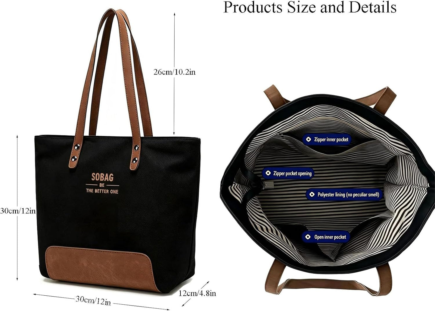 Tote Bag for Women - Canvas Handbag with Zipper & Multiple Pockets | Ideal for Office & Casual Use
