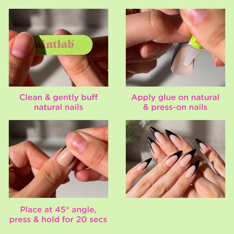 PaintLab Press On Nails - French Tip Stiletto Fake Nails, 30 Nails in 15 Sizes with Glue, Reusable Salon Quality Press On Nails