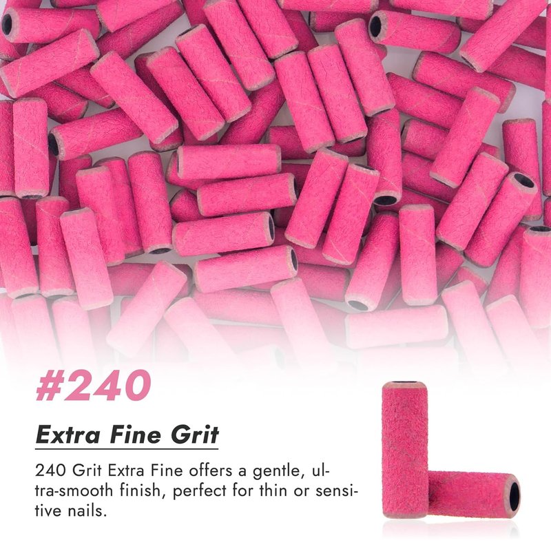 Finea Nail Drill Bits Set - 100 Pc 240 Grit Extra Fine Sanding Bands | Mini 3/32" Mandrel for Efile - Rose Red