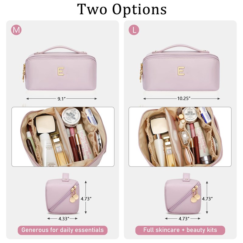 CLOUDWINGS Initial Makeup Bag Gifts for Women Bridesmaid Gifts Travel Toiletry Personalized PU Leather Waterproof Cosmetic Bag (Large-Pink-E)