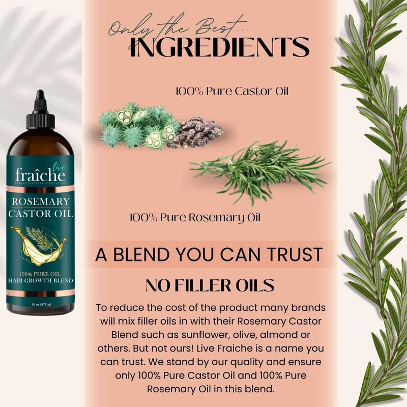 Live Fraiche Rosemary Castor Oil for Hair Growth 16oz - Rosemary Oil for Hair Growth and Thickening Pure Blend to Reduce Loss and Promote a Healthy Scalp