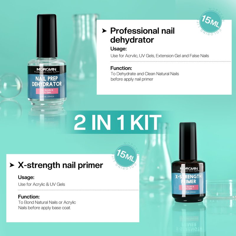 Morovan Nail Prep Dehydrate and Primer X-strength, No Burn Non Acid Nail Primer and Dehydrator for Acrylic Powder Fast Dry 0.5oz