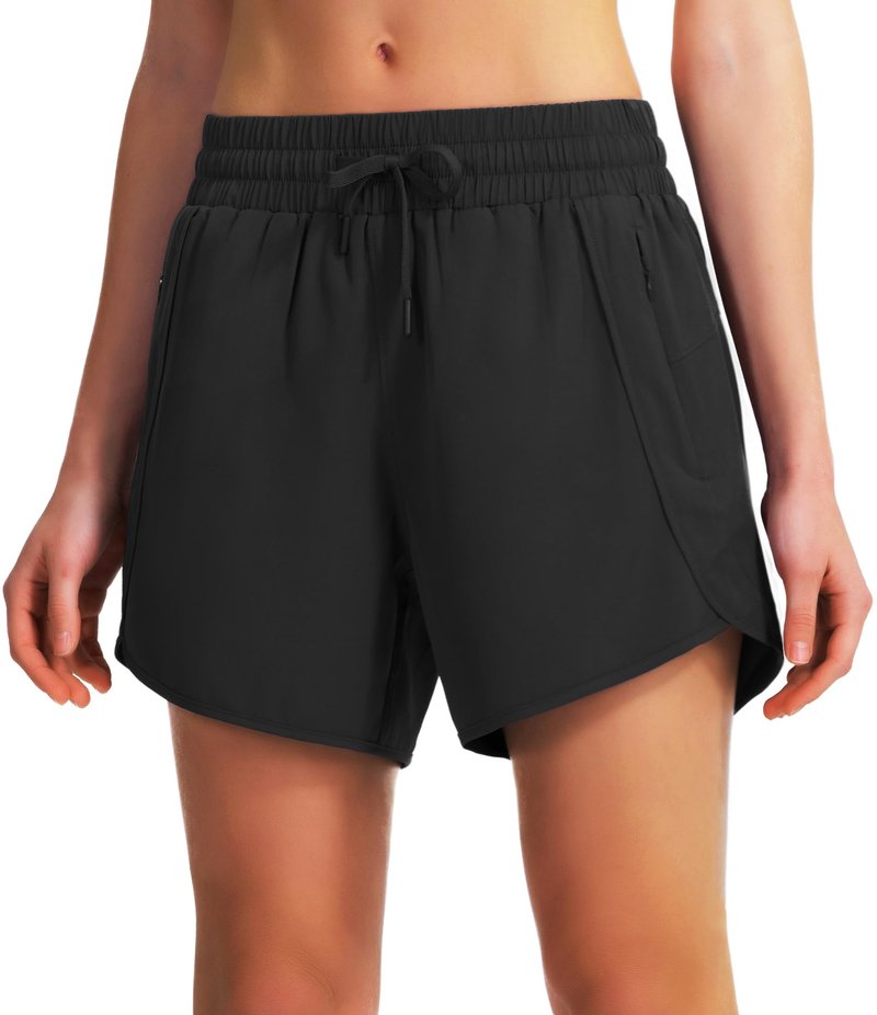 Ksmien Women's 5"/ 7" Athletic Running Shorts Quick Dry Lightweight Workout Gym Shorts with Zipper Pockets UPF 50+ Black L