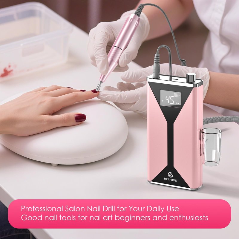 HELIVIVE Professional Electric Nail Drill 45000RPM (Portable & Rechargeable) (with 11 Drill Bits ) Cordless Nail File Machine for Shaping, Polishing & Removing Gel Nails for Salon Home (Pink)