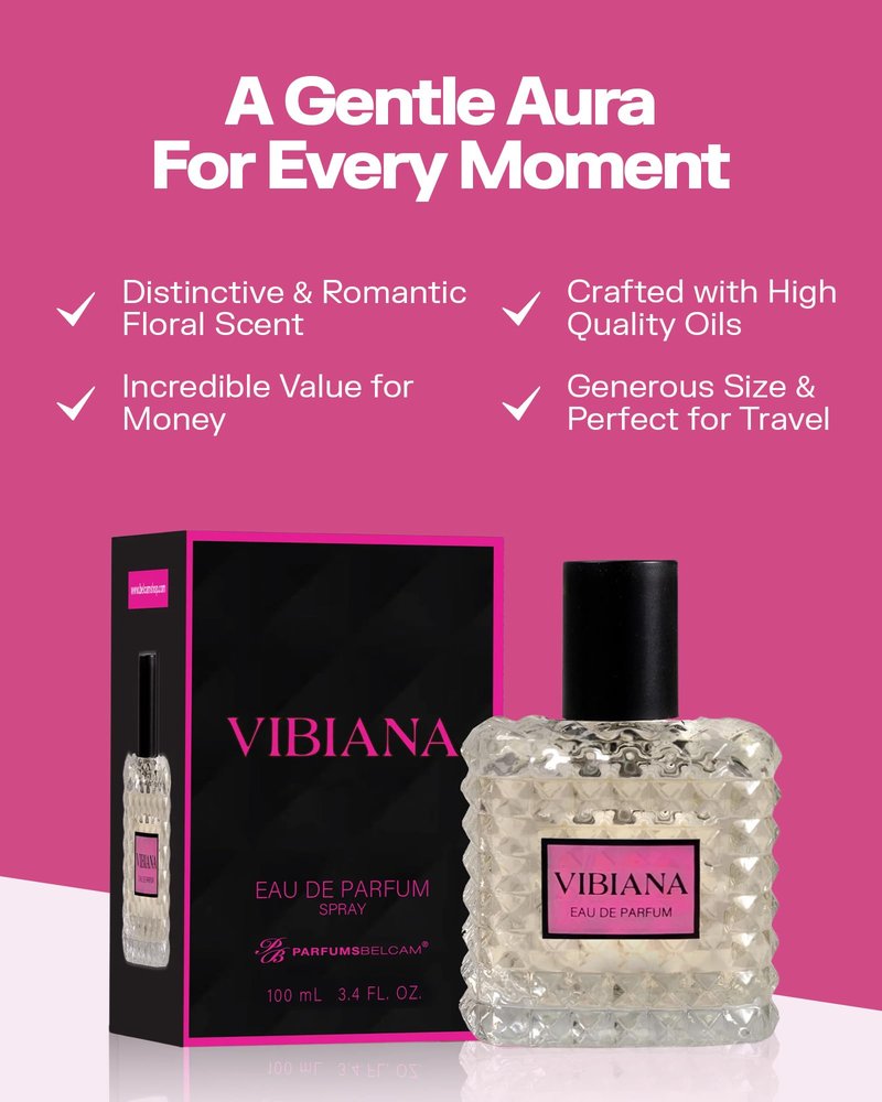 PB ParfumsBelcam Vibiana Eau de Parfum for Women – Warm Floral-Woody Perfume with Black Currant, Jasmine Tea & Bourbon Vanilla – Sweet Modern Fragrance Spray, Signature Everyday Scent, 3.4 Fl Oz