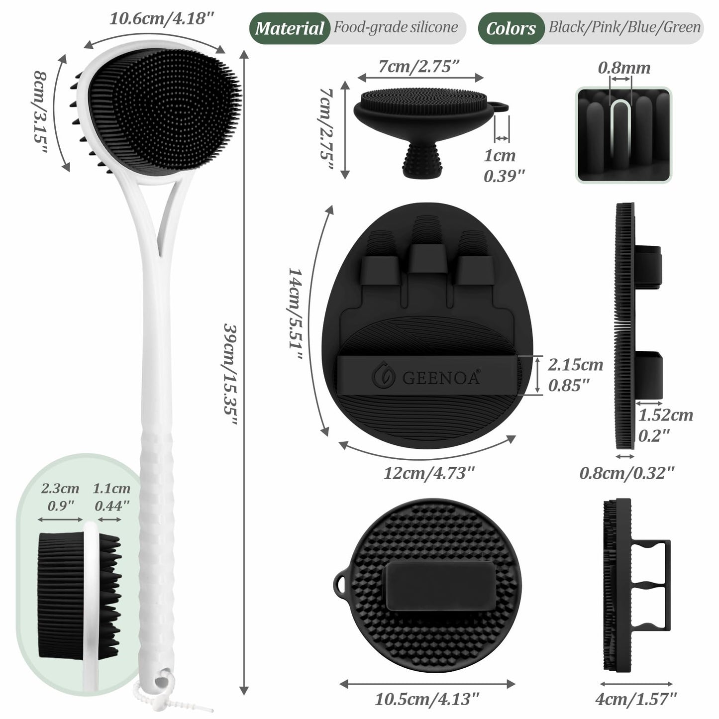 GEENOA Silicone Face/Body/Back Scrubber Set, 15.35’’ Soft Back Scrubber for Shower with Dual-Side Brush Head, Silicone Body Scrubber Facial Scrubber with Dense Bristles and Non-Slip Handle(Pink-3PCS)