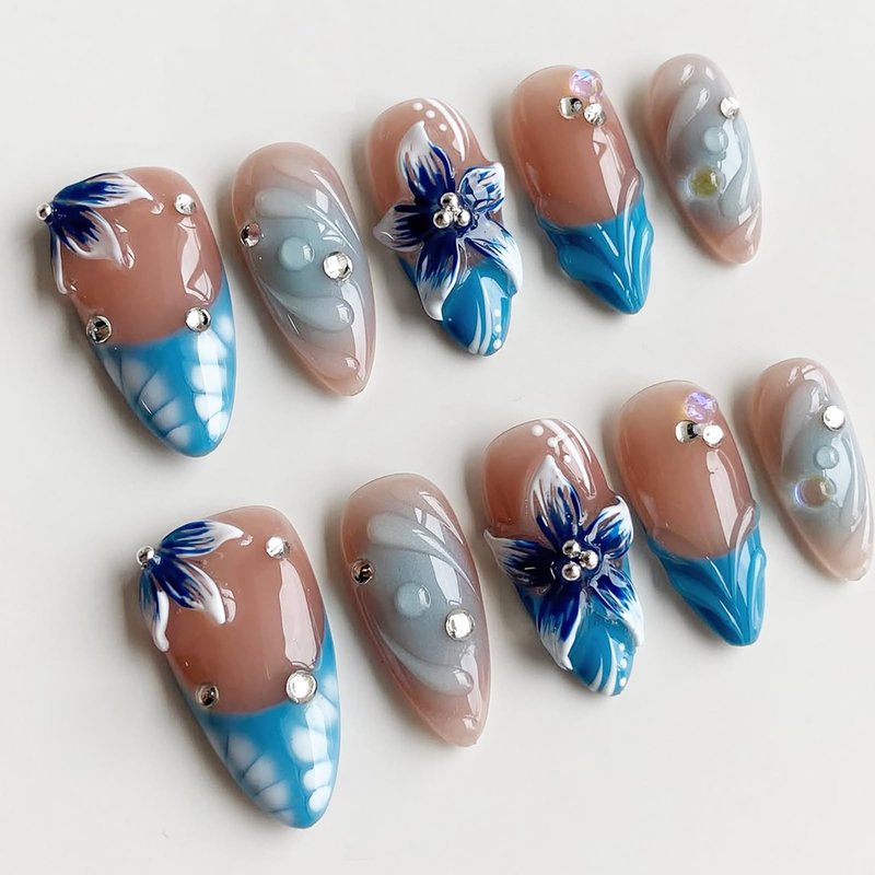30Pcs Almond French Tip Press On Nails 3D Blue Flower Fake Nails with Rhinestones, Glossy Nude Pink Reusable Stick On Nails for Women Reusable Acrylic Nails for Daily Party