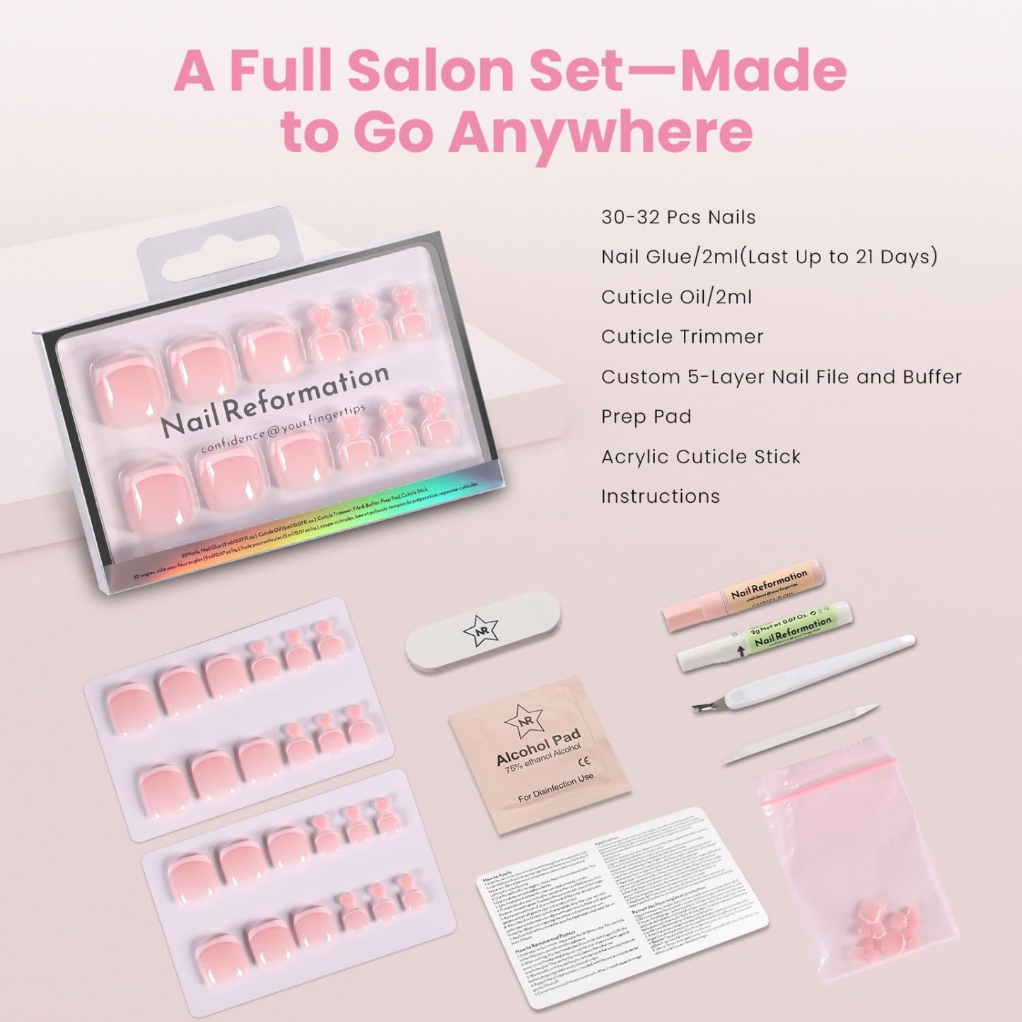 Skiennix Press-On Toenails - Ballet Pink Sheer Shimmer Short Square Fake Nails | Reusable Pedicure Kit - 32 Pcs / 16 Sizes