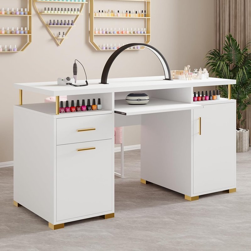 MaverickFurni White Nail Desk for Nail Tech, Manicure Table with 2 Drawers and Cabinet, 55 Inch Nail Table with Adjustable Shelf, Manicure Table Nail Station, White and Gold