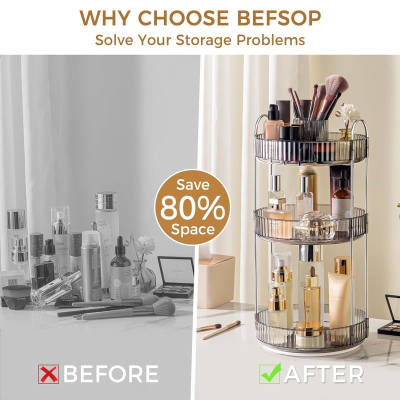 360° Rotating Makeup Organizer, Upgraded 3 Tier Skincare Perfume Organizers for Women, Bathroom Organizer Countertop, Clear Cosmetic Dresser Organizer with Makeup Brush Holder, Sink&Counter(Grey)