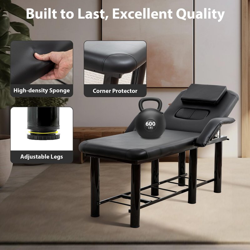 Professional Massage Treatment Bed 73.6 Inch with Handrail, Spa Facial Salon Bed with Removable Headrest & Chest Cushions, Stationary Physical Therapy Table with Adjustable Backrest, Steel Frame