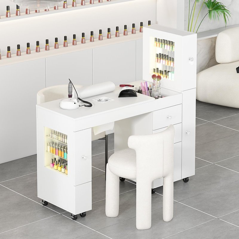 Manicure Table for Nail Tech w/ LED Light Display Cabinet, Nail Desk with Lockable Wheels, Dust Collector, Drawers, Wrist Rest, Acetone-Resistant, for Beauty Salon, Spa & Home Workstation (White)