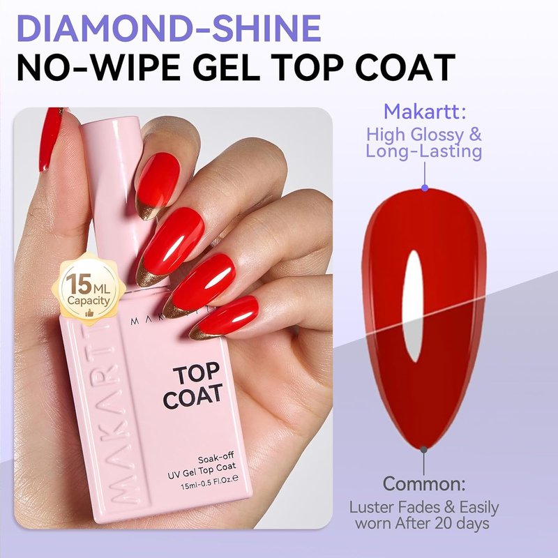 Makartt Gel Top and Base Coat Set - 2 PCS 15ml No Wipe Diamond-Shine Long-Lasting Nail Polish | Perfect for Home DIY Gifts