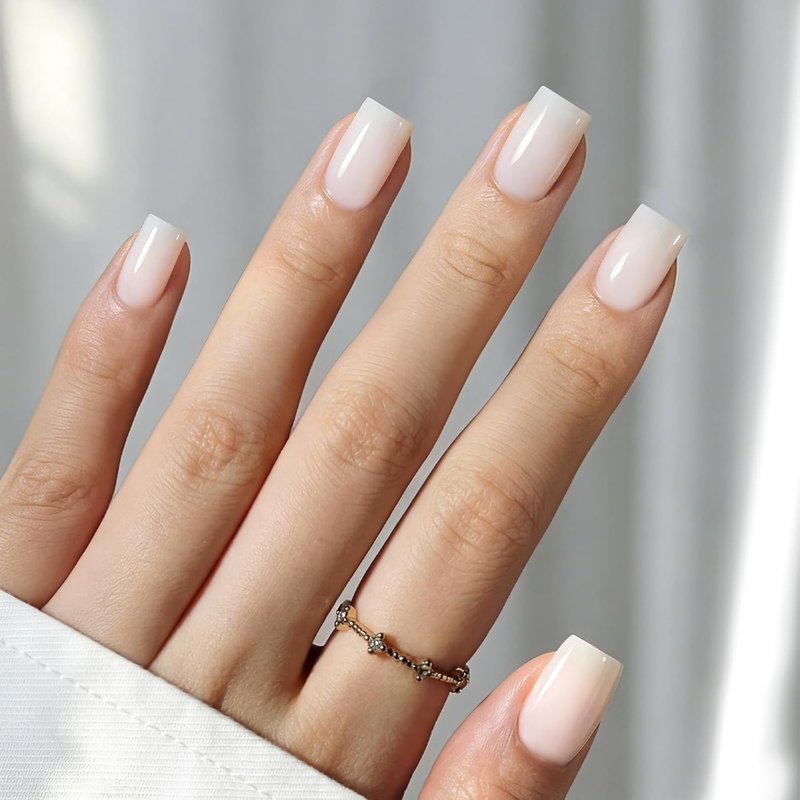 Beetles Milky White Press On Nails - Short Square Natural Gel Nail Kit with Fast-Dry Glue | 30pcs in 15 Sizes