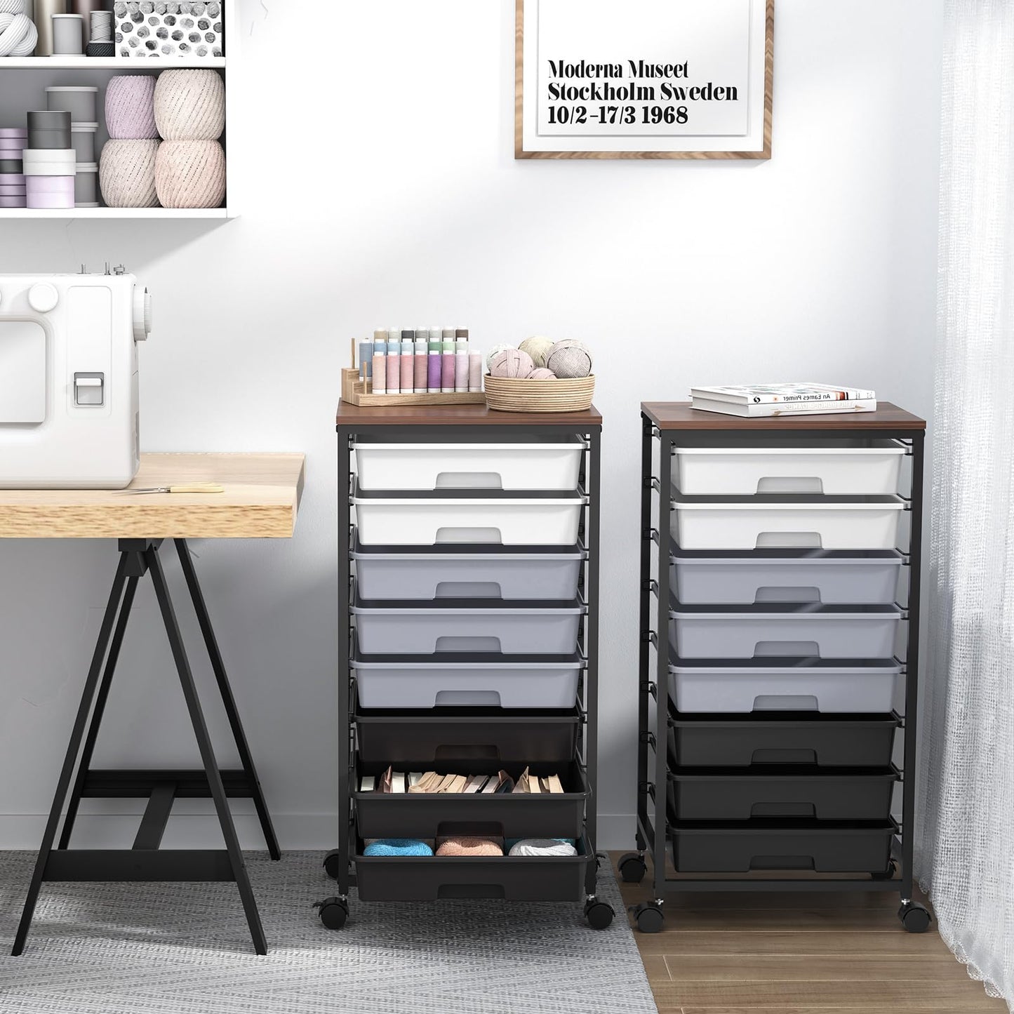 SYKIARIOL Rolling Cart with Drawers,Utility Cart With 8 Drawers and Wooden Tabletop for Living Room,Classroom,Bedroom,Bathroom,Dorm,Office,Dark Grey