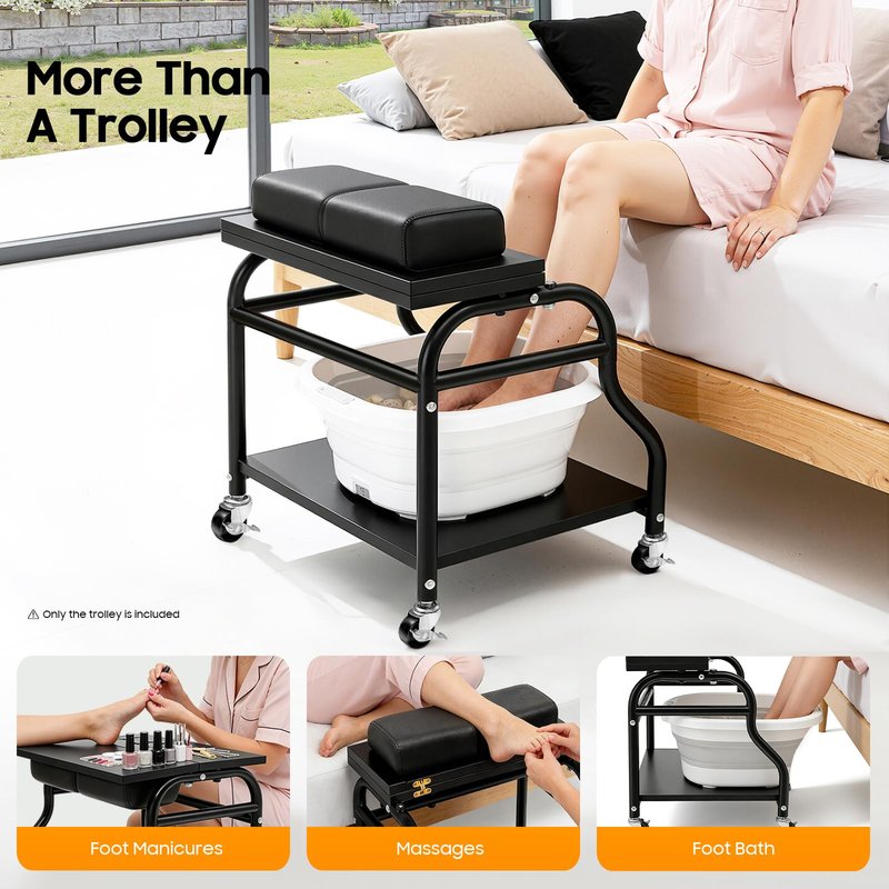 Pedicure Cart Foot Bath Trolley, 2-Tier Portable Salon Nail Esthetician Rolling Cart, Foldable Multi Use Sturdy Manicure Foot Massage Storage Cart for Home Beauty Salon Spa Nail Parlor (Black)