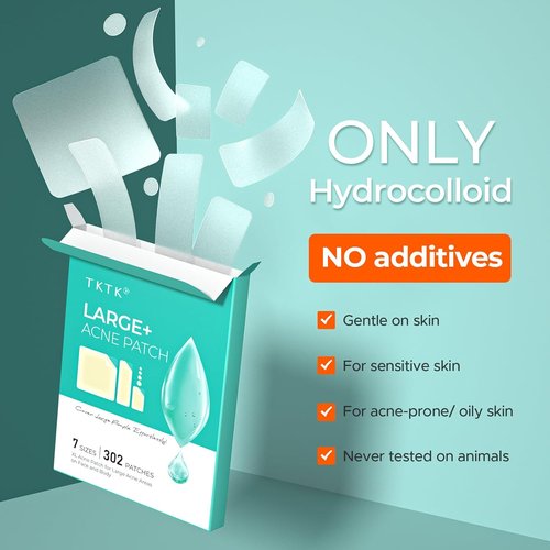 TKTK Large Pimple Patches for Face, 7 Sizes XL Acne Patches, Big Hydrocolloid Bandages for Body, Chin, Forehead, Chest, Back Zit Breakouts, Hydrocolloid Patch (Strip, Square, Dot 302 Count)