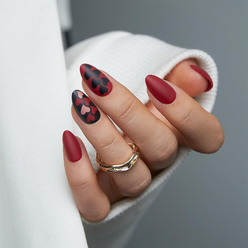 CurvLife Medium Almond Press On Nails – 30Pcs Soft Gel Dark Passion Matte Red Fake Nails, Reusable Glue On Nail Kit with Adhesive Tabs, Natural Fit & Salon-Quality for Women & Girls