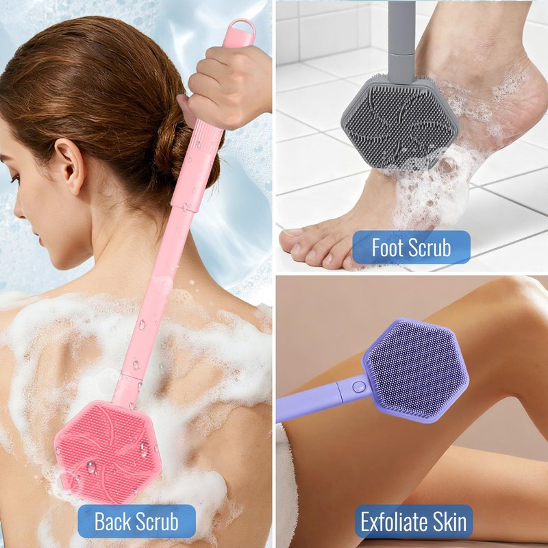 AIMAIAIMAI Silicone Back Scrubber for Shower – 21in Extendable Shower Brush with Long Handle – Dual-Sided Back Brush with Non-Slip Grip, Gentle Cleansing & Exfoliation for Men, Women, Elderly (Pink)