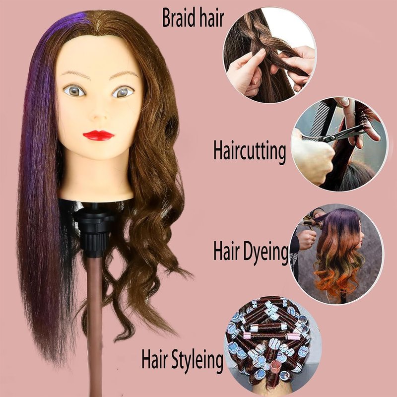 Real Hair Mannequin Head - 20” Nature Brown Cosmetology Training Doll with Clamp & Comb