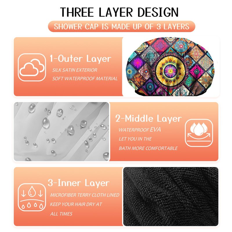Cabreche Luxury Shower Cap Terry Lined Reusable Triple Layer Waterproof Hair Elastic Caps Shower Bath Hat for Women Girls Cute Aesthetic-Mandela